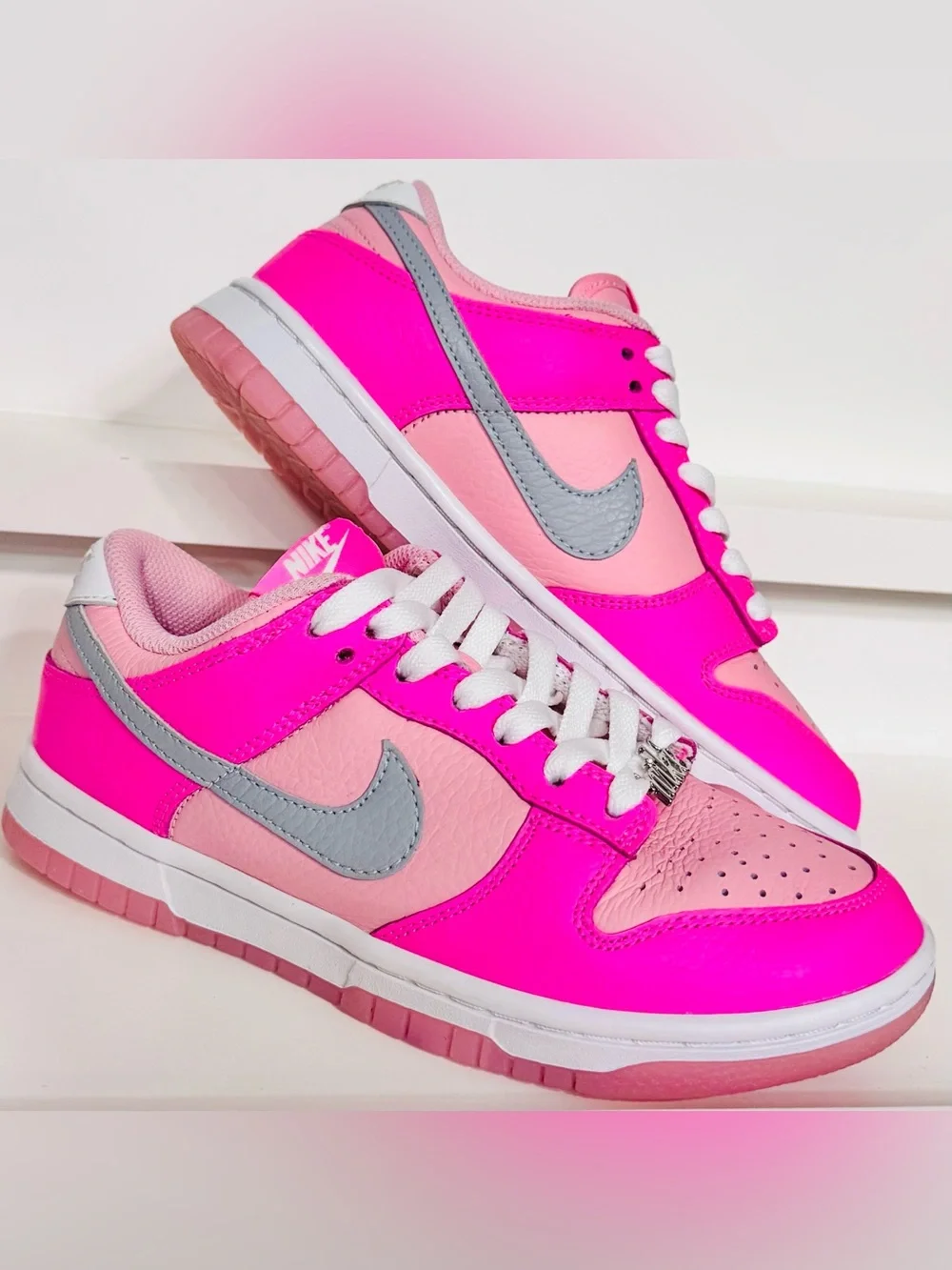 Nike Dunk Low Pink Grey GS 4.5 • Deadstock Clean • Lace Charms • Barbie Pop